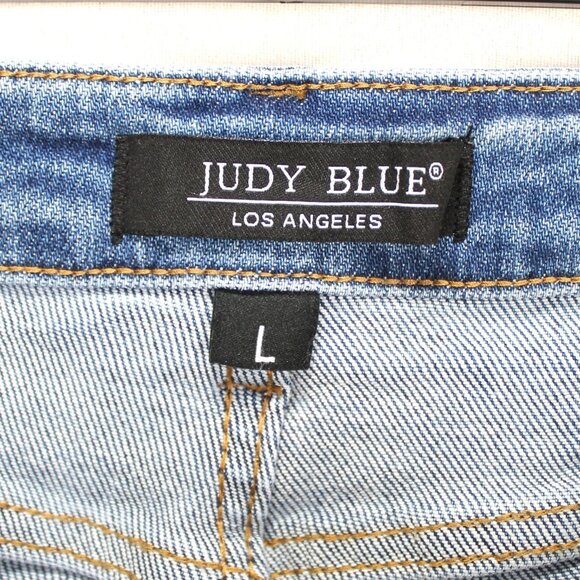 Judy Blue Star Jean Shorts Womens Size L Medium Wash Denim Cutoffs Raw Hems - Picture 3 of 3